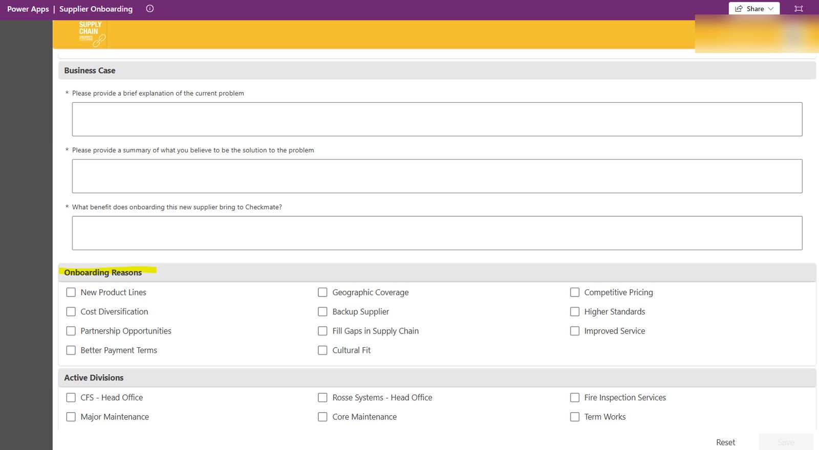Supplier Onboarding custom page with business case and onboarding reasons