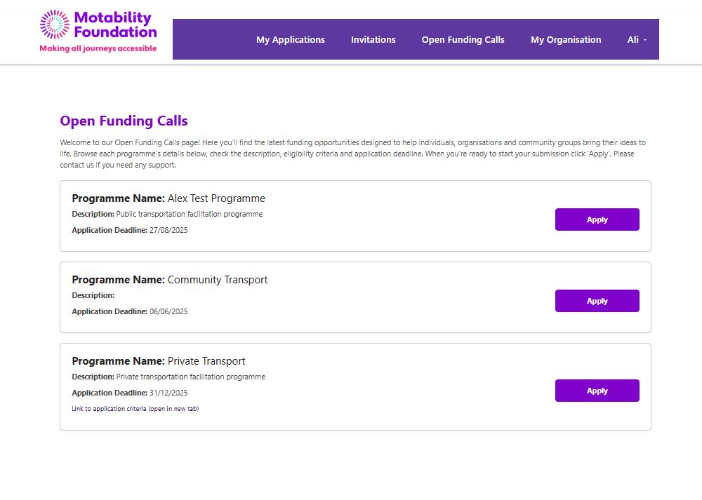 Power Pages portal: Open Funding Calls page